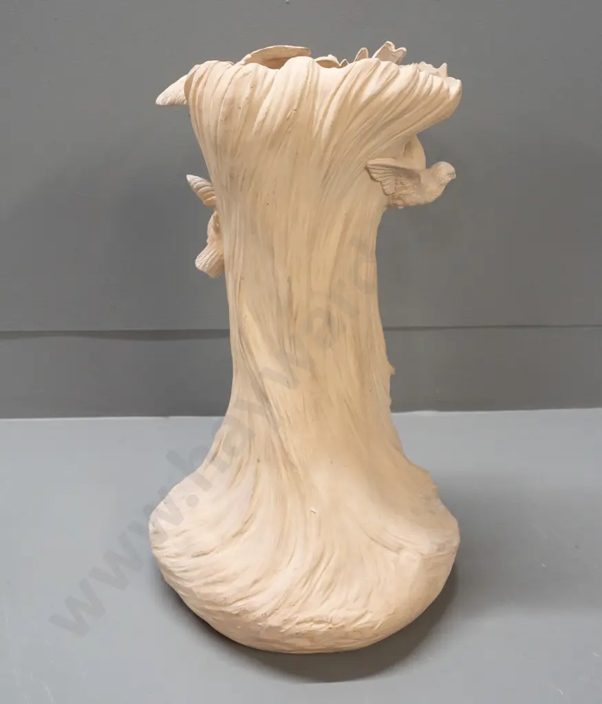 large art nouveau bisque pottery vase - maiden figure with doves, unknown mark on base. Minor chip to one bird, firing Image 1++