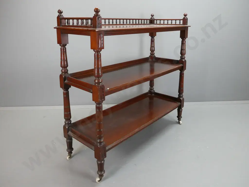 Victorian 3-tier dumb waiter with turned top gallery w/corner finials, turned supports with foliate carved blocks, on Image 1++