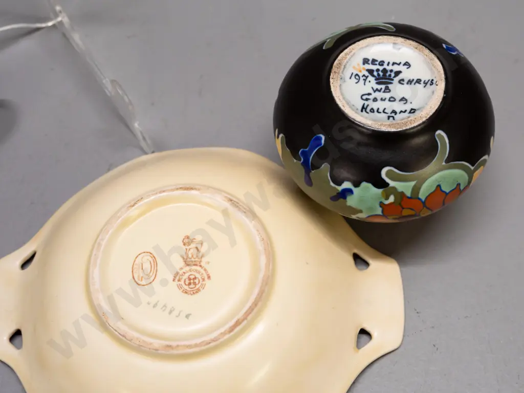 3 pieces of vintage pottery - The Foley "Intarsio" vase H-130, Gouda lug-handle vase, Royal Doulton dish with grape Image 1++