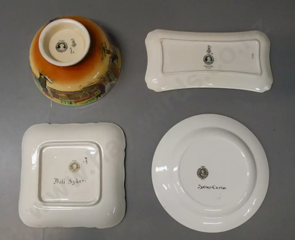4x Royal Doulton Dickensware: Tray Bill Sykes marked Noke, Plate Sidney Carton, Sandwich Tray Captain Cuttle. Image 1++