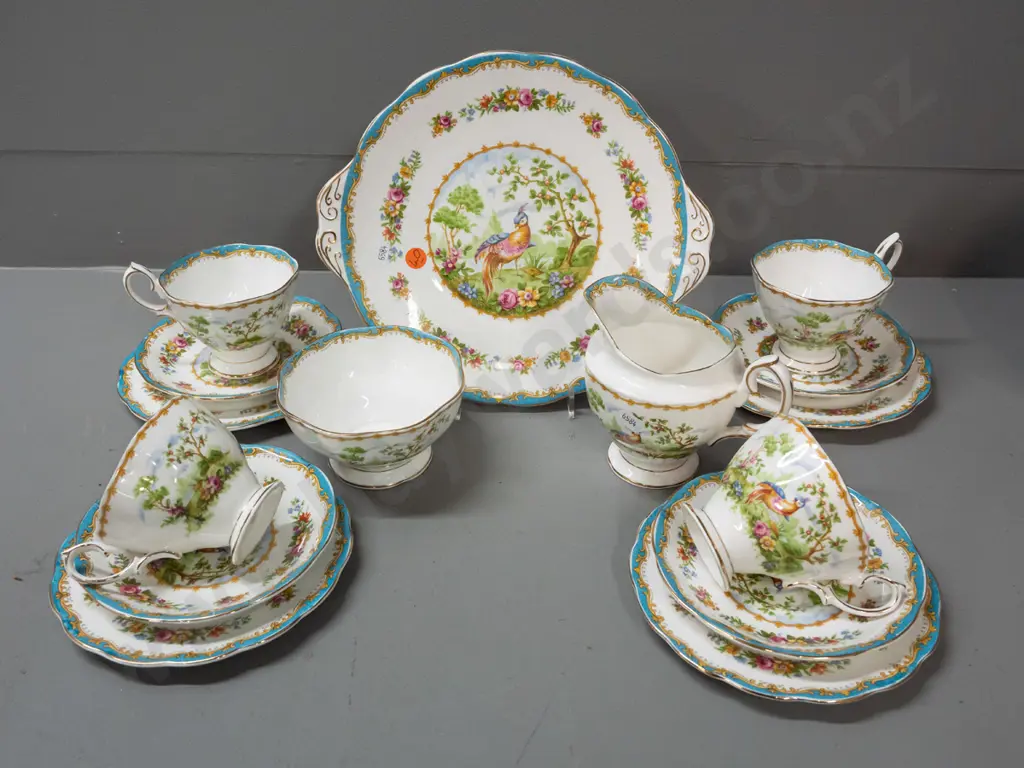 Royal Albert "Chelsea Bird" tea ware - 4 trios, cream, sugar & cake plate - minor wear to some gilding Image 1++