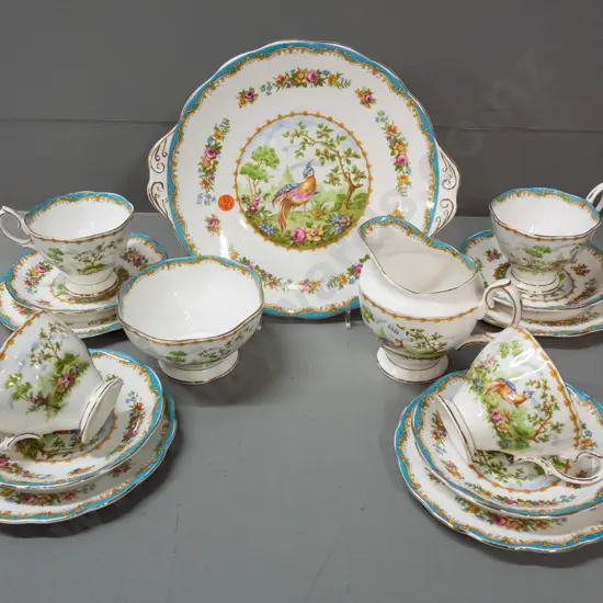 Royal Albert "Chelsea Bird" tea ware - 4 trios, cream, sugar & cake plate - minor wear to some gilding