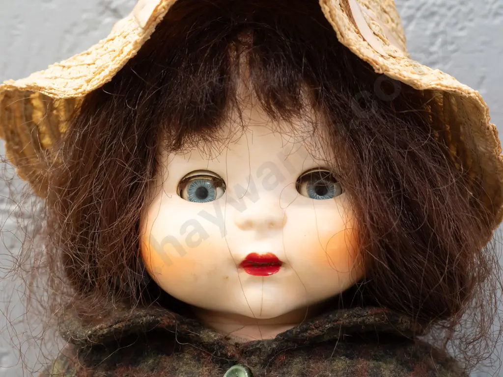 vintage Pedigree New Zealand doll with tweed coat, straw hat, open-and-close eyes, damage to one eyelash, missing one Image 1++