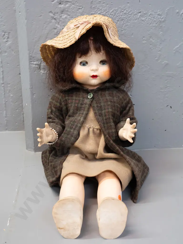 vintage Pedigree New Zealand doll with tweed coat, straw hat, open-and-close eyes, damage to one eyelash, missing one Image 1++