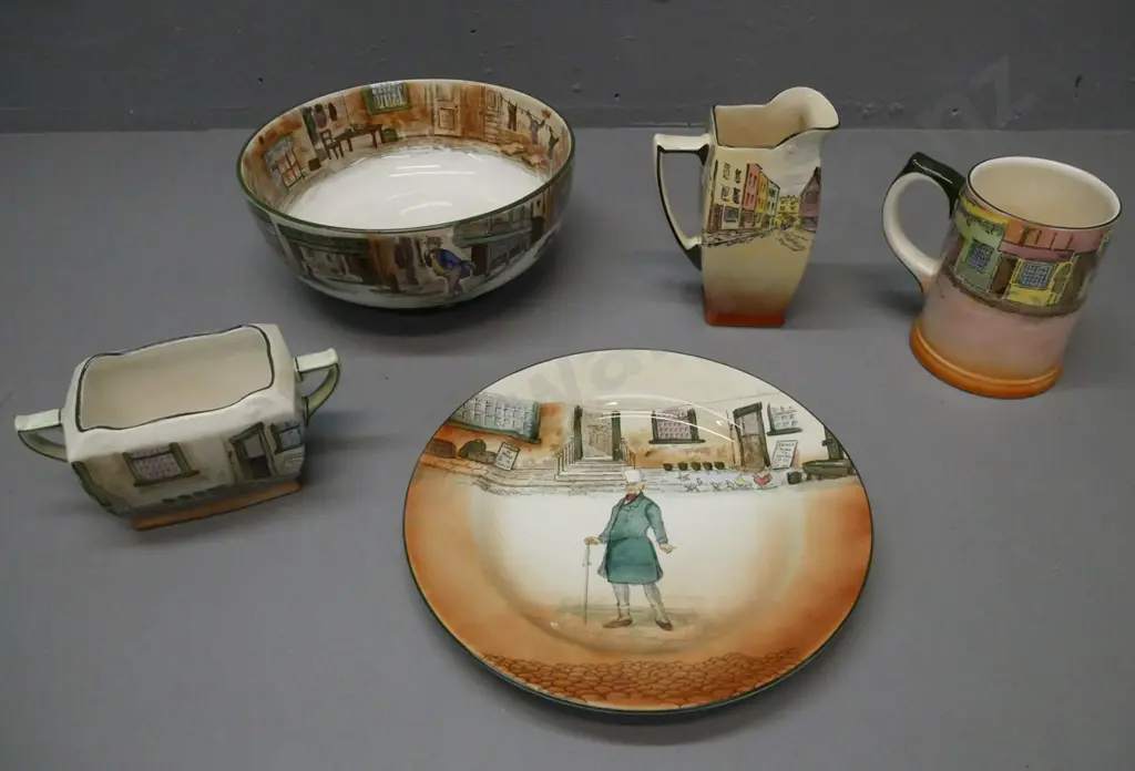 5x Royal Doulton Dickensware: large bowl; 2x jugs: Little Nell, Mr Micawber; sugar bowl Mr Micawber, plate Mr Micawber. Image 1++