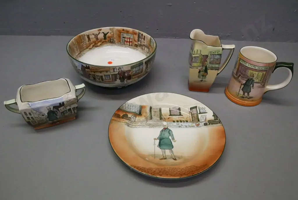 5x Royal Doulton Dickensware: large bowl; 2x jugs: Little Nell, Mr Micawber; sugar bowl Mr Micawber, plate Mr Micawber. Image 1++