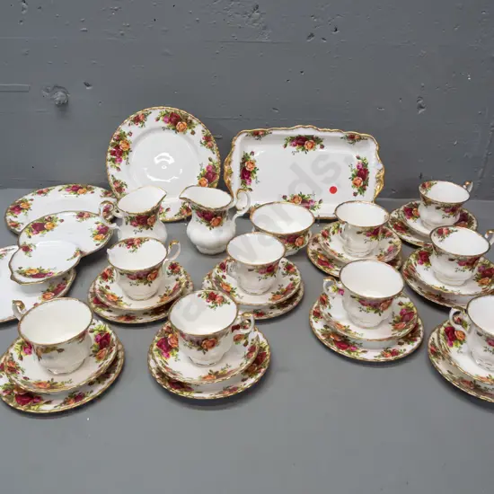 Royal Albert Old Country Roses gilt rim tea set with 9 trios, 2 cake plates, sandwich plate, 2 jugs, sugar bowl, spare