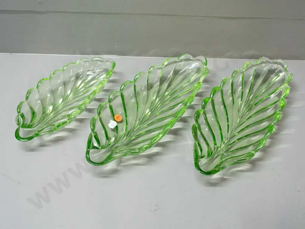 3 leaf shaped moulded green depression glass dishes - matching pair larger and one smaller. One larger has manufacturing Image 1++