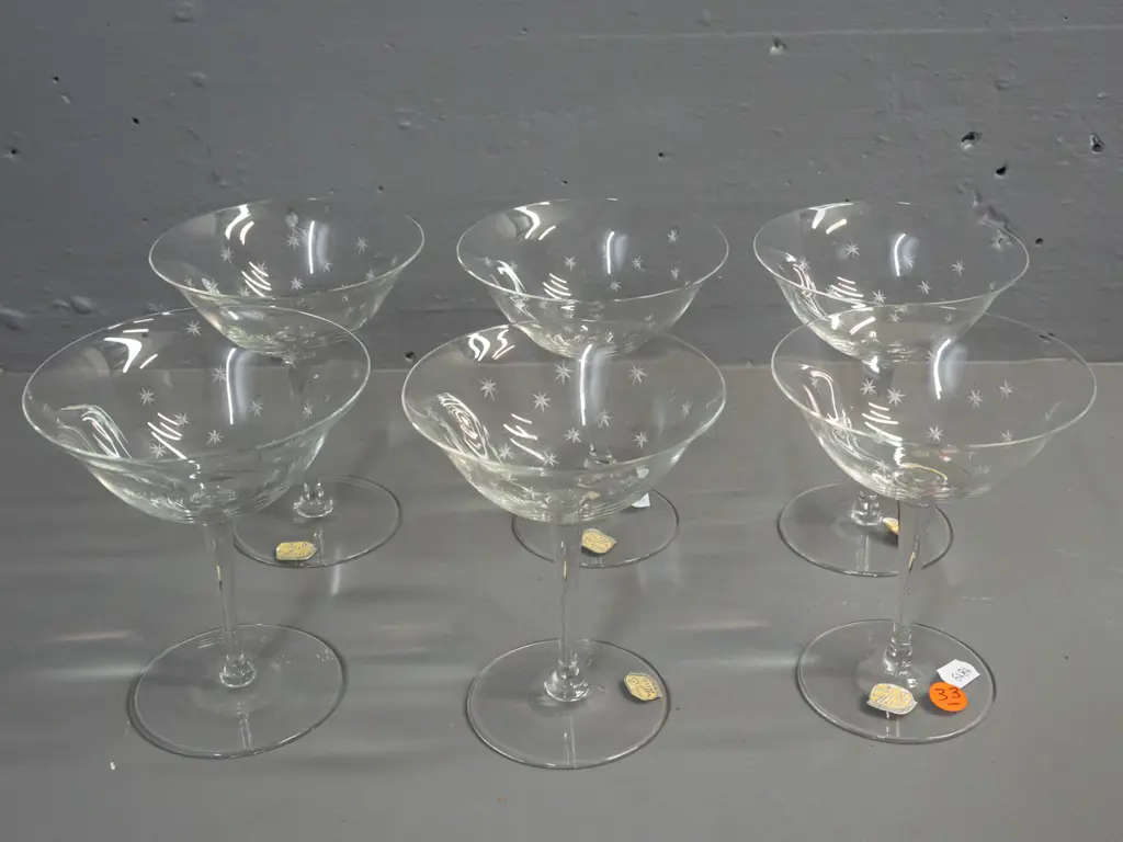 set of 6 Bohemian cut glass champagne floats with etched stars pattern H-130 D-110 Image 1++