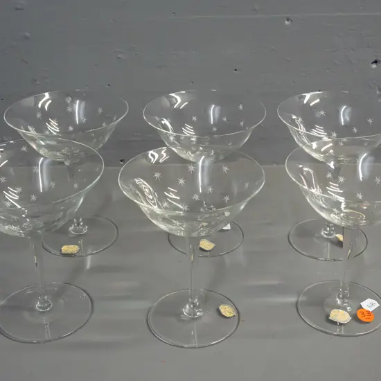 set of 6 Bohemian cut glass champagne floats with etched stars pattern H-130 D-110