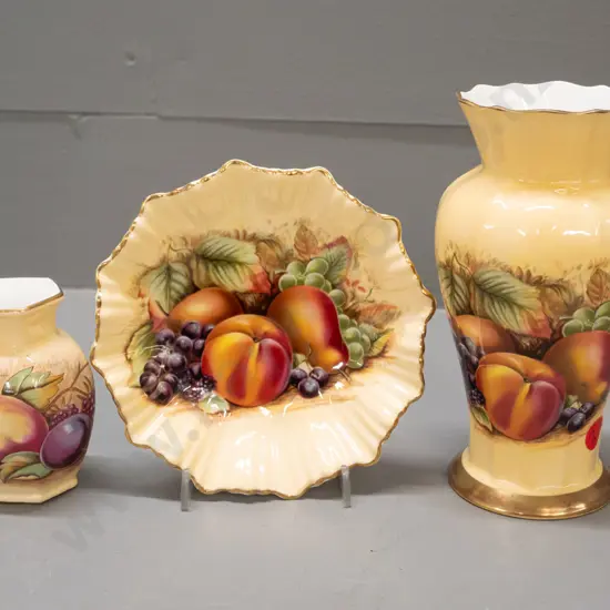 3 pieces of Aynsley Orchard Gold gilt & fruits pattern items - 2 vases and a pin dish, larger vase H-160
