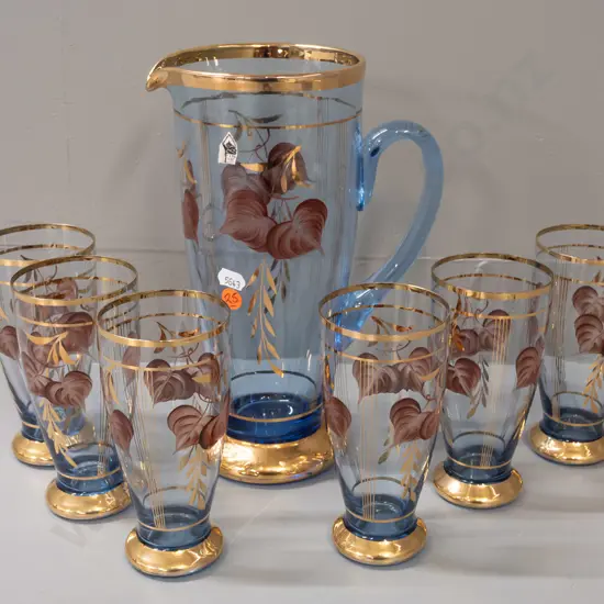 retro German water set - blue glass with gilt and hand painted decoration, jug with 6 tumblers - with worn part label: