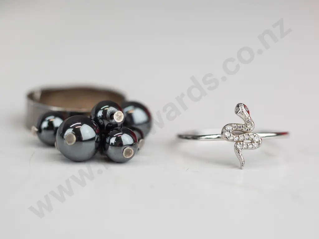 2x sterling  silver rings both stamped 925 - 1 with snake & i with 7 baubles Image 1++