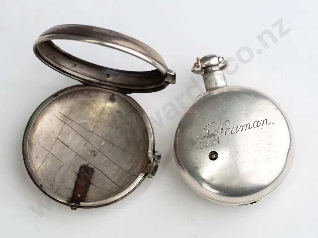silver pair-cased verge pocket watch in case stamped lion, crown, h, MB Image 1++
