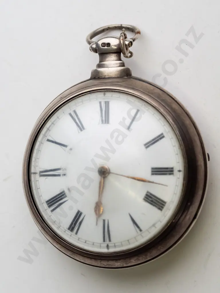 silver pair-cased verge pocket watch in case stamped lion, crown, h, MB Image 1++
