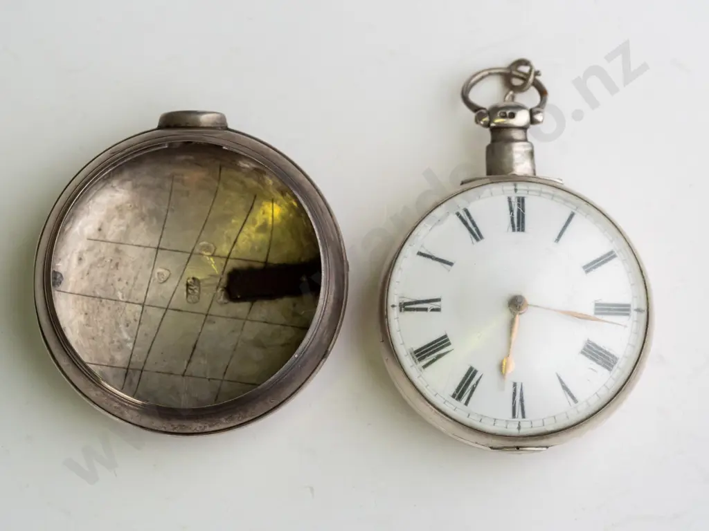silver pair-cased verge pocket watch in case stamped lion, crown, h, MB Image 1++