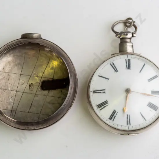silver pair-cased verge pocket watch in case stamped lion, crown, h, MB