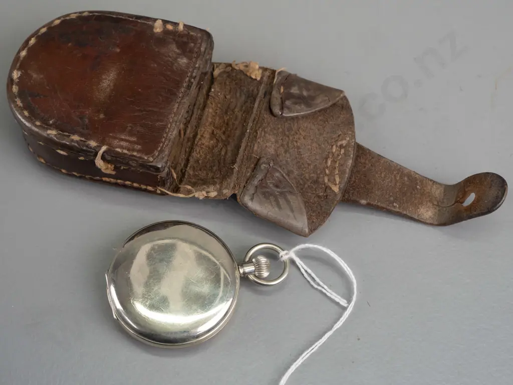 Omega pocket watch, nickel case, with leather carry pouch Image 1++