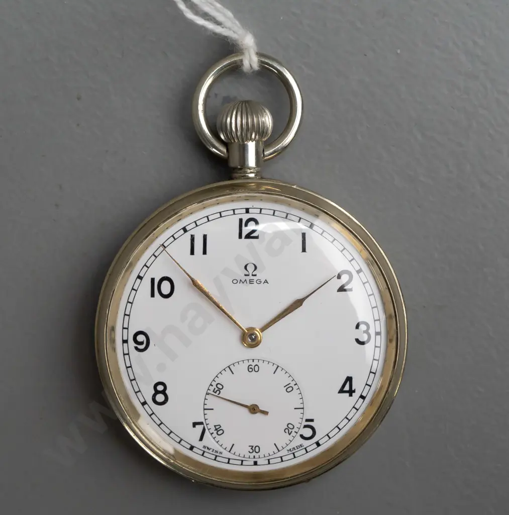 Omega pocket watch, nickel case, with leather carry pouch Image 1++