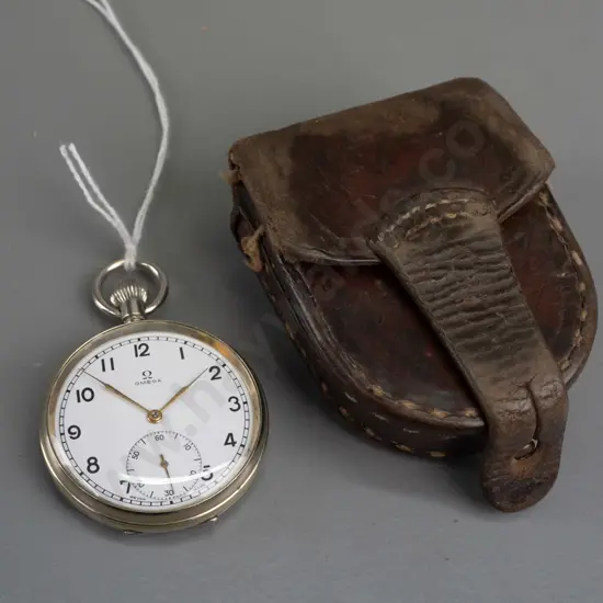 Omega pocket watch, nickel case, with leather carry pouch
