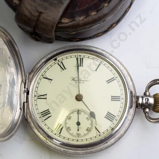 sterling silver pocket watch 'Waltham USA.- anchor, A, ALD - 506752 in leather pouch