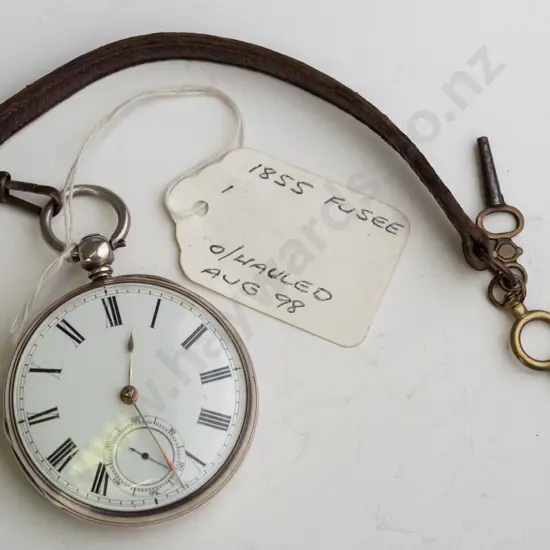 sterling silver pocket watch with short leather strap & 2 keys stamped lion, shield, H [?]  7489