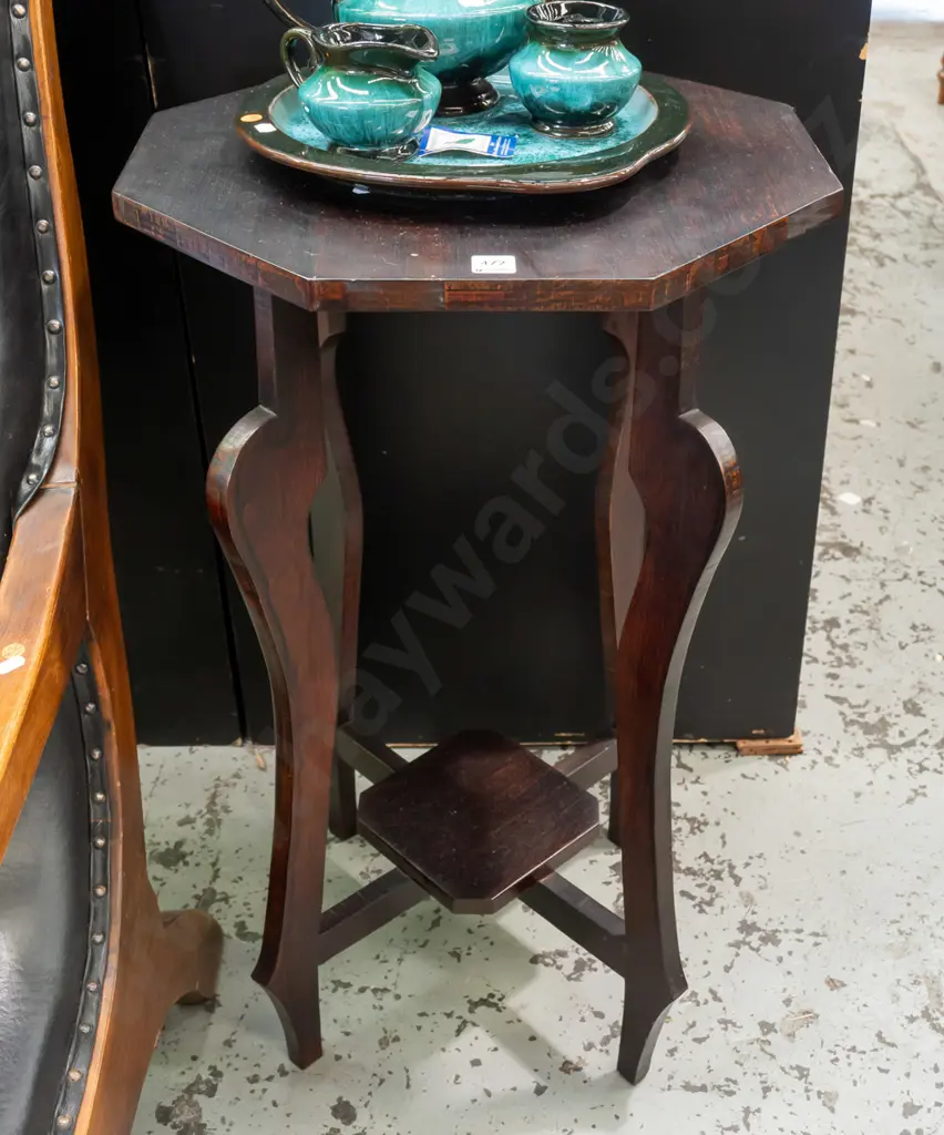 Vintage dark stained octagonal table with 4 shaped sweeping legs & shelf platform base H760 W470 Image 1++
