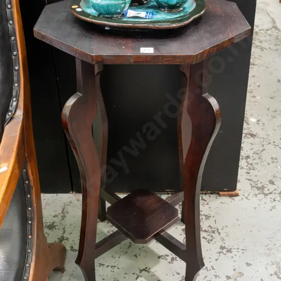 Vintage dark stained octagonal table with 4 shaped sweeping legs & shelf platform base H760 W470