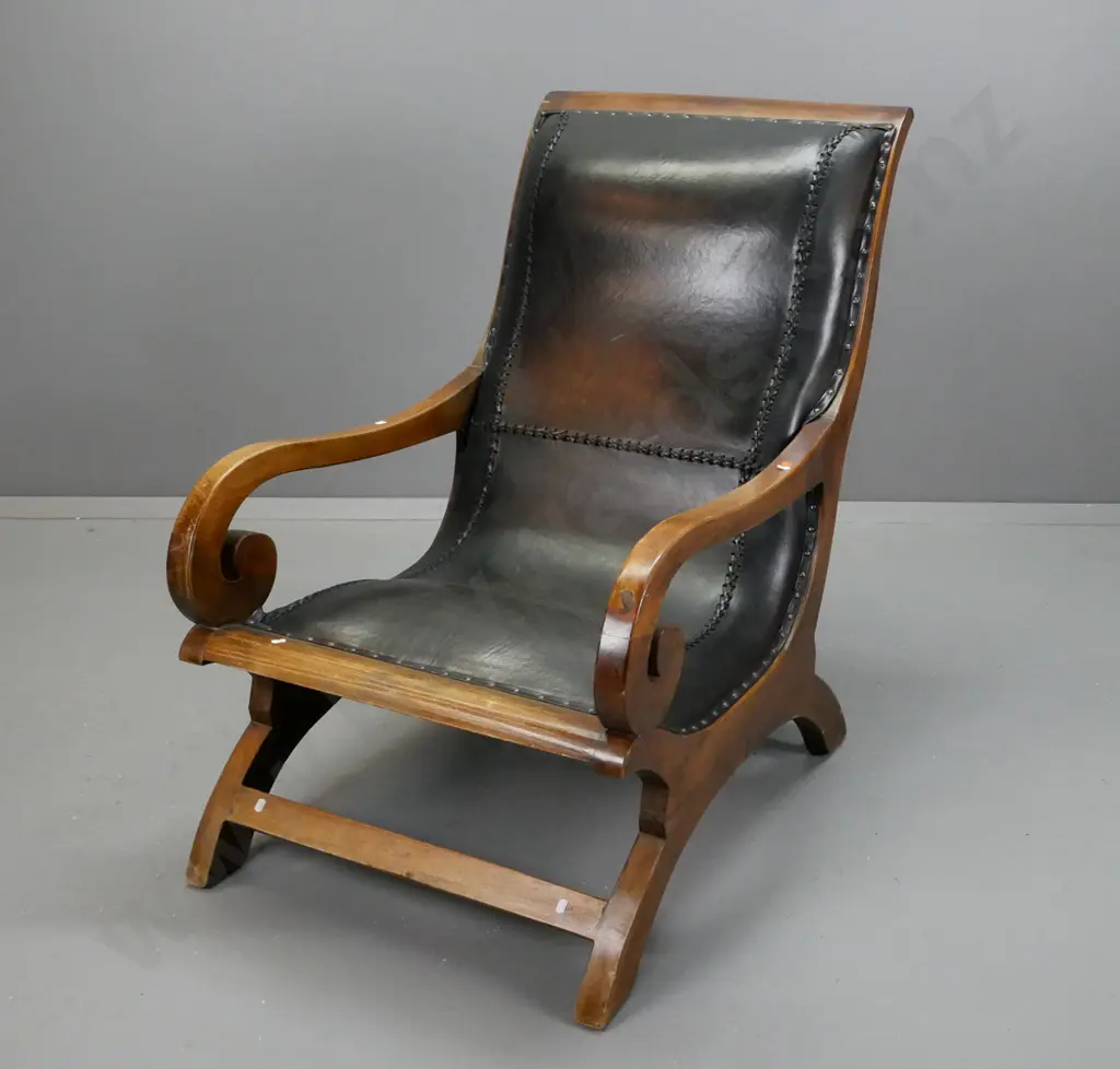 Asian hardwood Plantation Campeche chair with scrolling arms & black leather slung seat w/ leather cord stitching & dome Image 1++