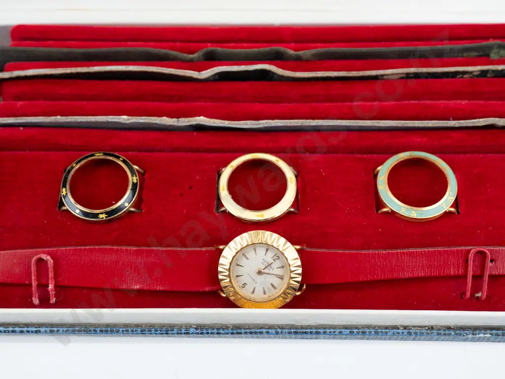 cased Lusina Geneve ladies watch 18k gold filled with 5 different extra coloured faces & 3 extra straps Image 1++