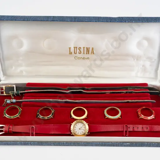 cased Lusina Geneve ladies watch 18k gold filled with 5 different extra coloured faces & 3 extra straps