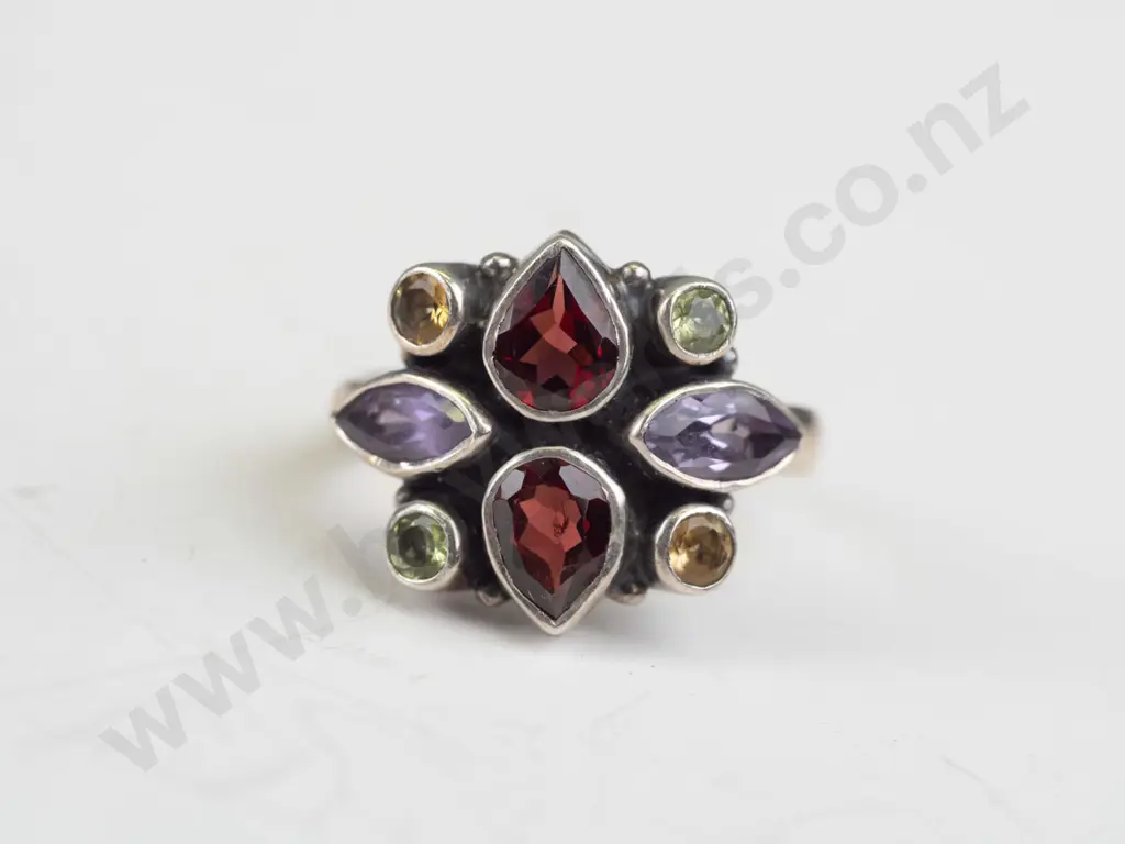 garnet, amethyst, citrine & peridot silver ring stamped 925 Image 1++