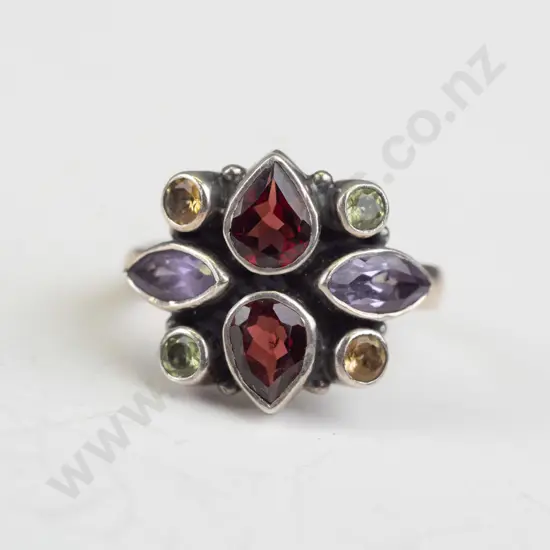 garnet, amethyst, citrine & peridot silver ring stamped 925