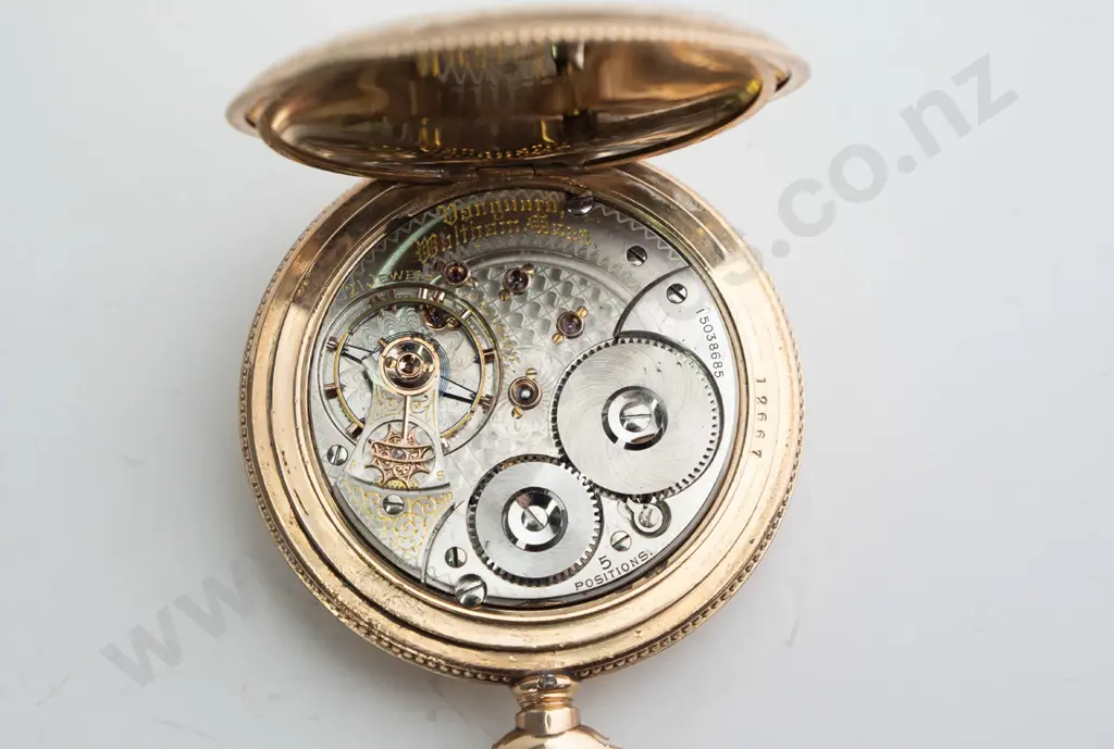 Waltham RG Hunter 1892 model "Vanguard" 14ct plated pocket watch - diamond endstones, jewelled barrel Image 1++