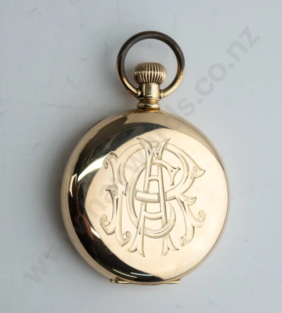 Waltham 14ct pocket watch, jewelled barrel, capped pallets and escape, diamond endstones, excellent movement Image 1++