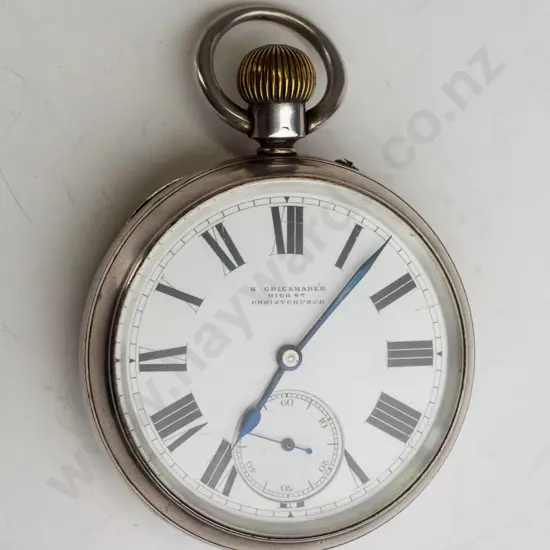 sterling silver pocket watch 'K Grieshaber High St Christchurch' - lion, anchor t [?] 608