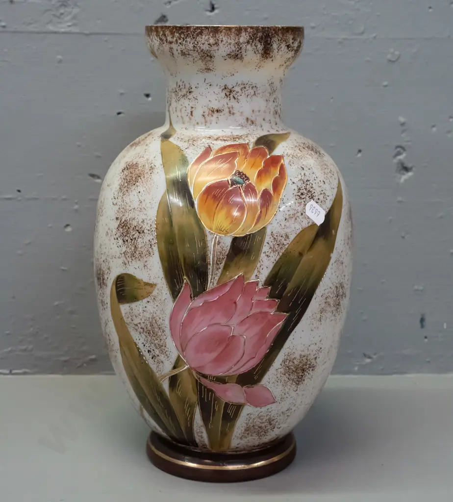 Edwardian hand painted glass vase with enameled flowers, gilt decoration - wear to gilt finish around top rim, some Image 1++