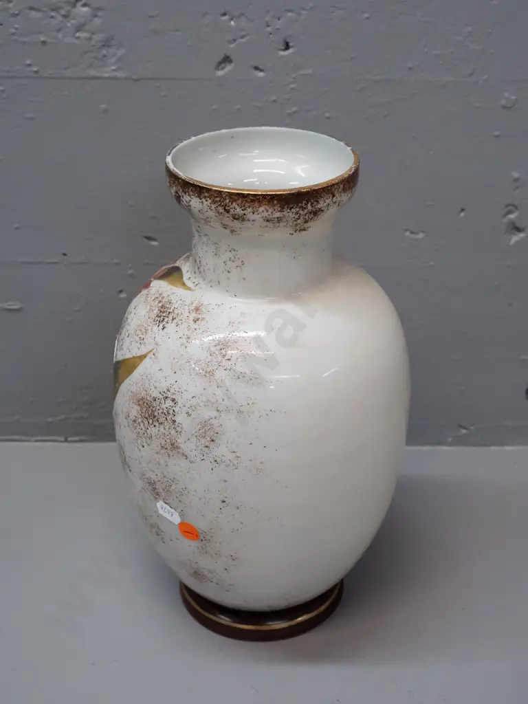 Edwardian hand painted glass vase with enameled flowers, gilt decoration - wear to gilt finish around top rim, some Image 1++