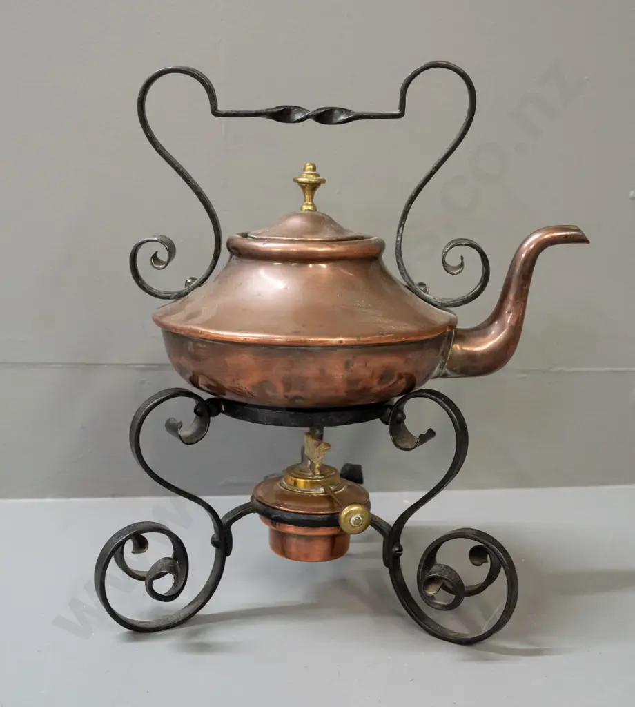 arts & crafts style copper spirit kettle with wrought iron stand and handles, copper burner with brass fittings. Some Image 1++