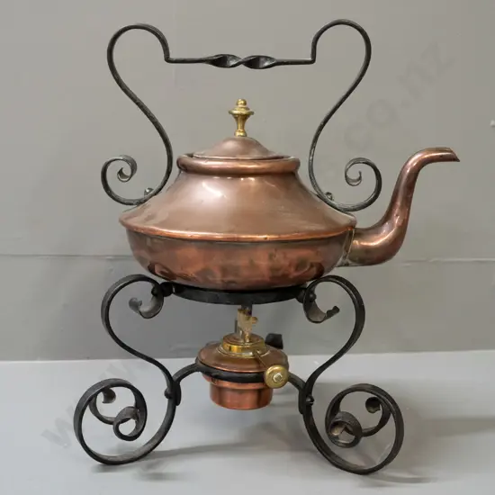 arts & crafts style copper spirit kettle with wrought iron stand and handles, copper burner with brass fittings. Some