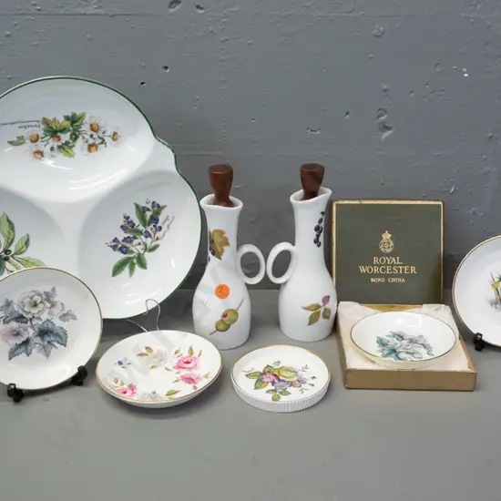 assorted Royal Worcester items - 5 pin dishes, 2 Evesham sauce/oil bottles and a "Herbs" pattern segmented serving dish.