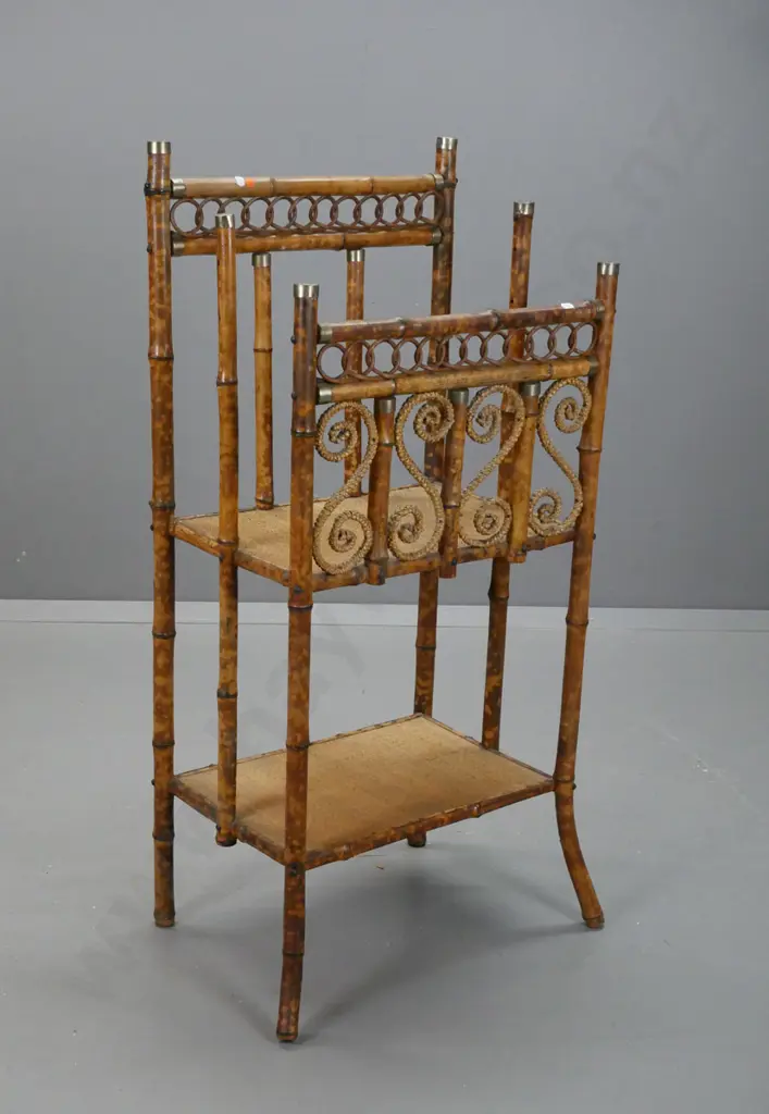 bamboo, art nouveau music/stand with woven decoration to front grill white metal caps to uprights, missing some pieces, Image 1++
