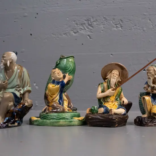 4 Chinese earthenware "mud men" figures - 3 fishermen, 2 missing poles, and a fish motif vase H-135