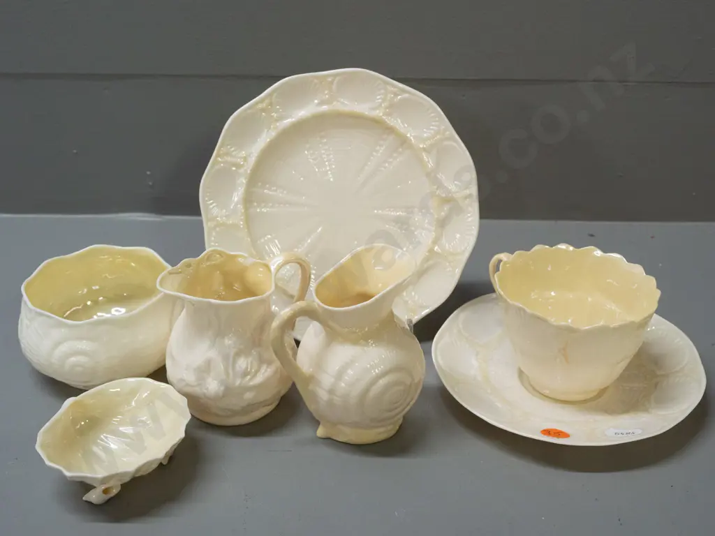 Belleek green mark items - trio, 2 jugs, bowl and an open salt - smaller jug has chip to rim, other jug H-90 Image 1++