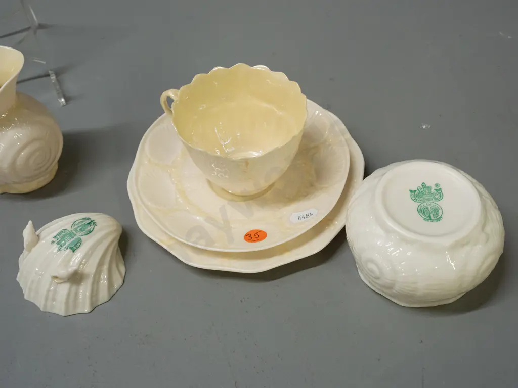 Belleek green mark items - trio, 2 jugs, bowl and an open salt - smaller jug has chip to rim, other jug H-90 Image 1++