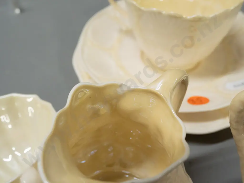 Belleek green mark items - trio, 2 jugs, bowl and an open salt - smaller jug has chip to rim, other jug H-90 Image 1++