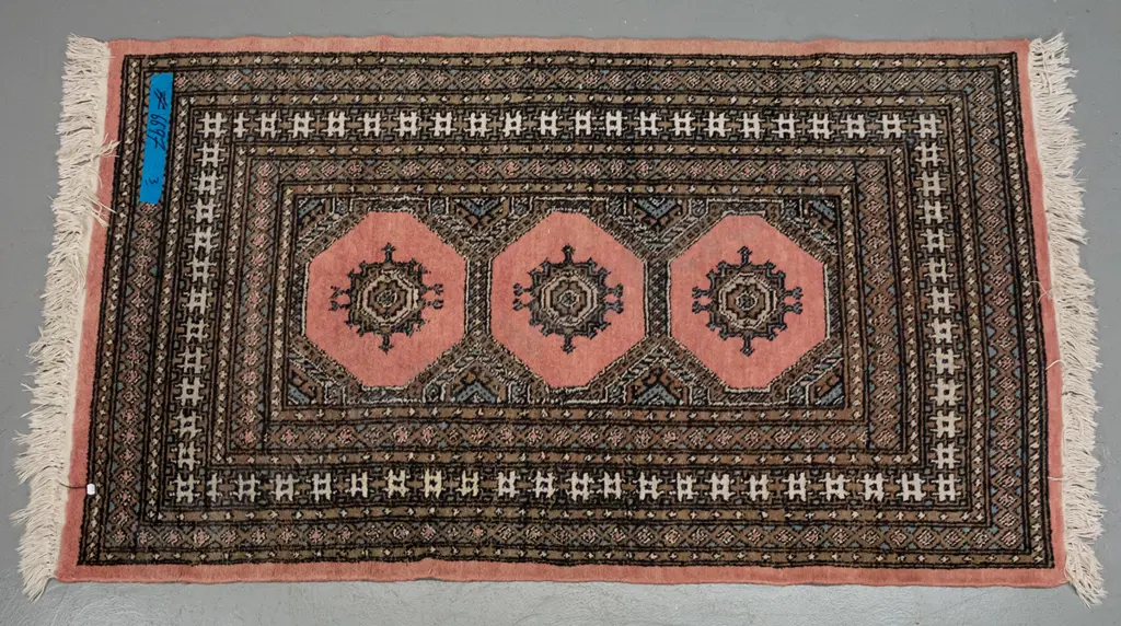 woolen hand knotted, Persian style floor mat, pink & blue geometric patterns, wear to pile & fading H1600 W960 Image 1++