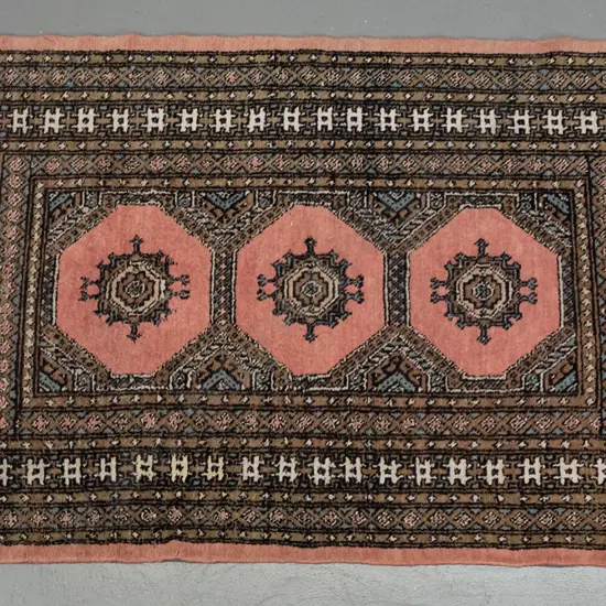 woolen hand knotted, Persian style floor mat, pink & blue geometric patterns, wear to pile & fading H1600 W960