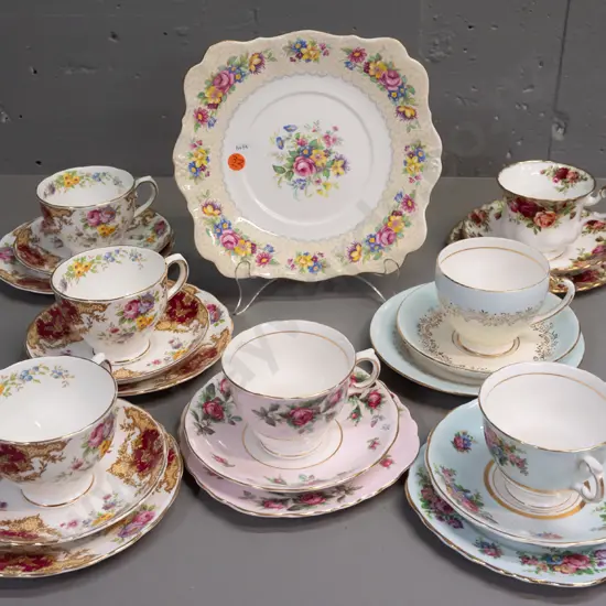7 English china trios - Tuscan, Colclough, Royal Albert, Grafton, and a Royal Standard Brussels Lace cake plate W-220