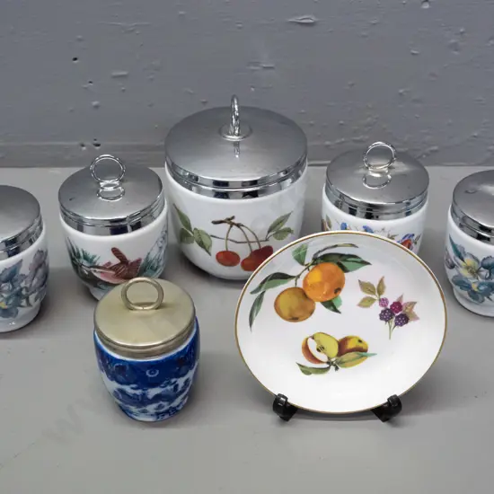 assorted Royal Worcester items - 3 sizes of egg coddler - small vintage blue & white, 4 medium and 1 large, plus an